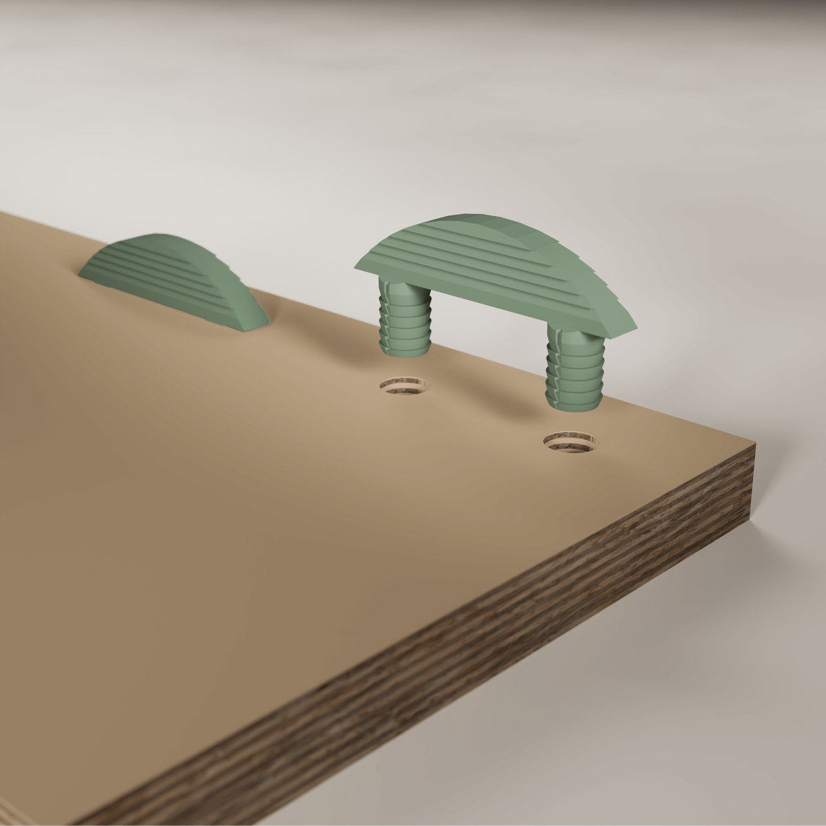 Rendering von einem Bolt 47 Dübel über einer Platte mit vorgebohrten Löchern.