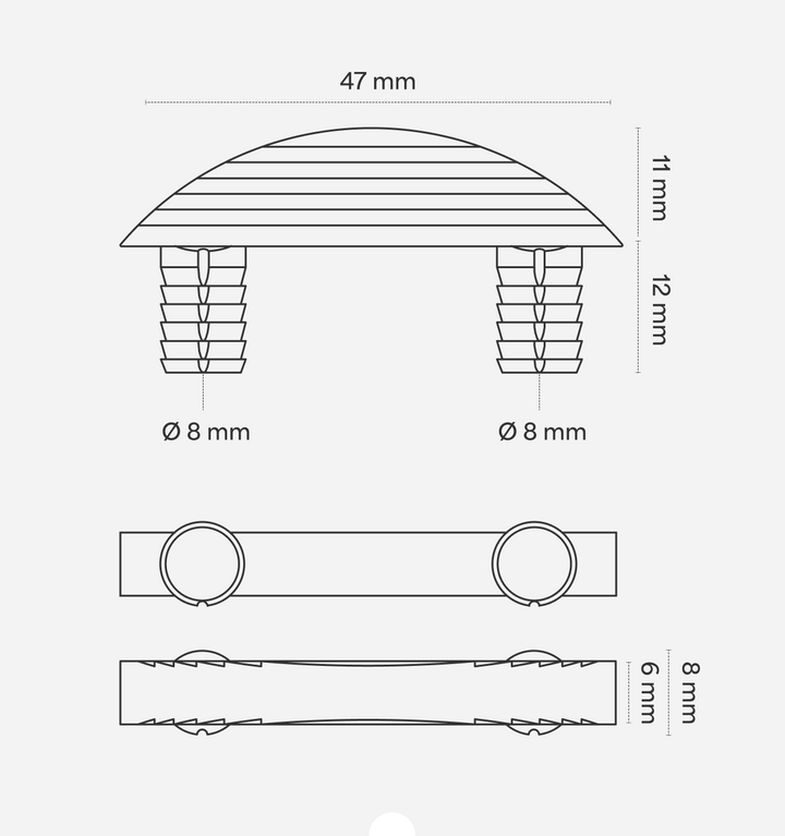 Technische Zeichnung des Möbelverbinders mit Maßangaben: 47 mm Breite, 11 mm Höhe und 8 mm Dübel-Durchmesser
